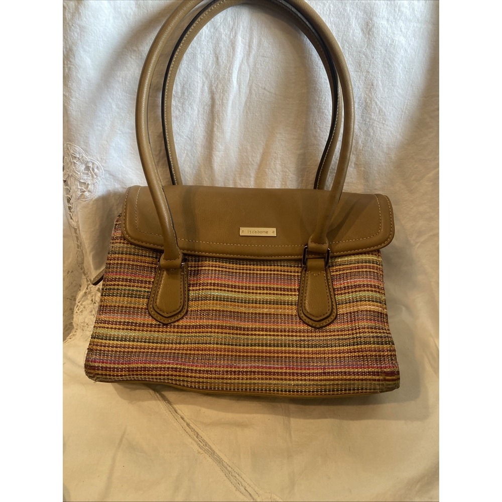 Vintage Liz Claiborne Multicolor Woven Faux Leather Satchel Purse, Tan Handbag